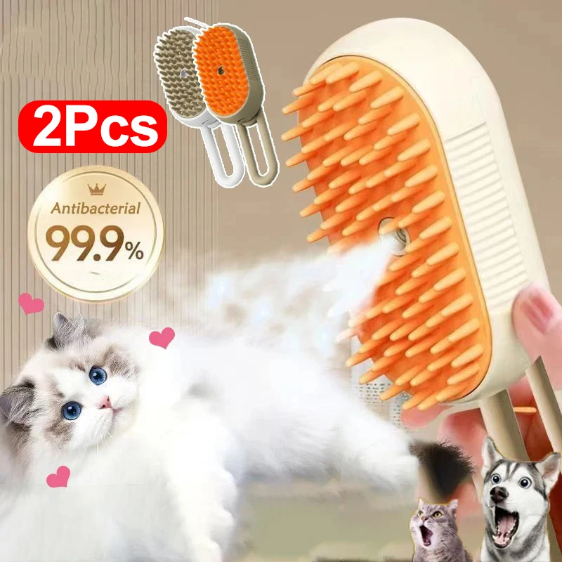 2Pcs Cat Dog Pet Spray Massage 3 in 1 Brush One Button Steam Spray Folding Rotatable Floating Hair Bath Hair Removal Brush Comb