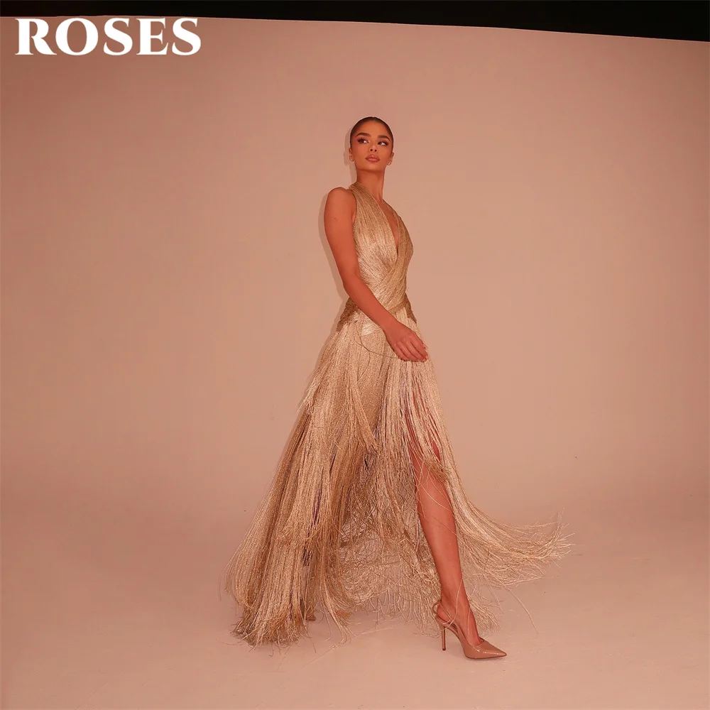 ROSES Champagne Party Dresses Halter Neck Sleeveless Evening Dresses with Tassel A Line فساتين السهرة for Wedding Customized - view 4