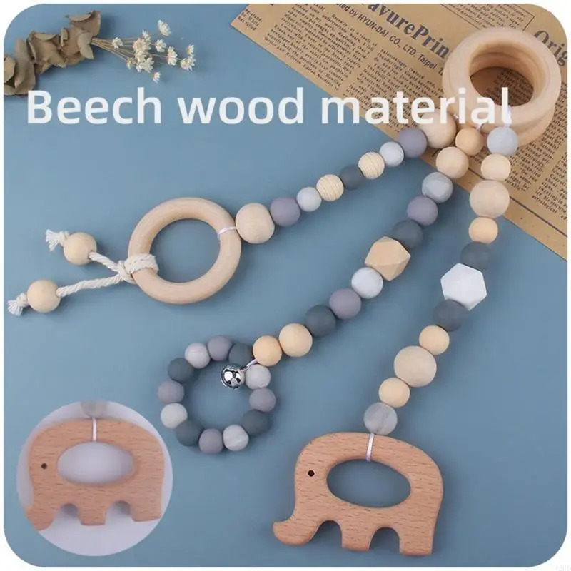 

J2HD 3 Pcs/Set Baby Gym Frame Pendant Beech Wooden Ring Silicone Beads Teether