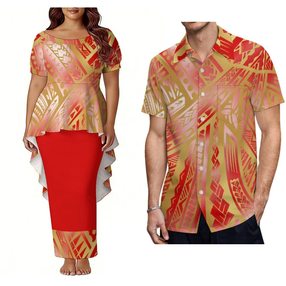 Newly Designed Island Red Flower Couple Set Pacific Island Design Men'S Aloha Shirt And Women'S Puletasi Dress Elegant Clothing