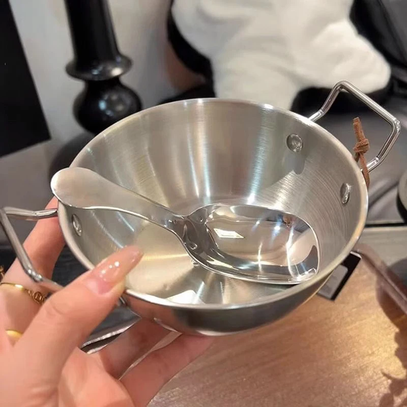 1Pcs Korean Style Cuisine Bowl Durable Stainless Steel Rice Wine Bowls Household Double Ear Snacks Plate Instant Noodle Bowl