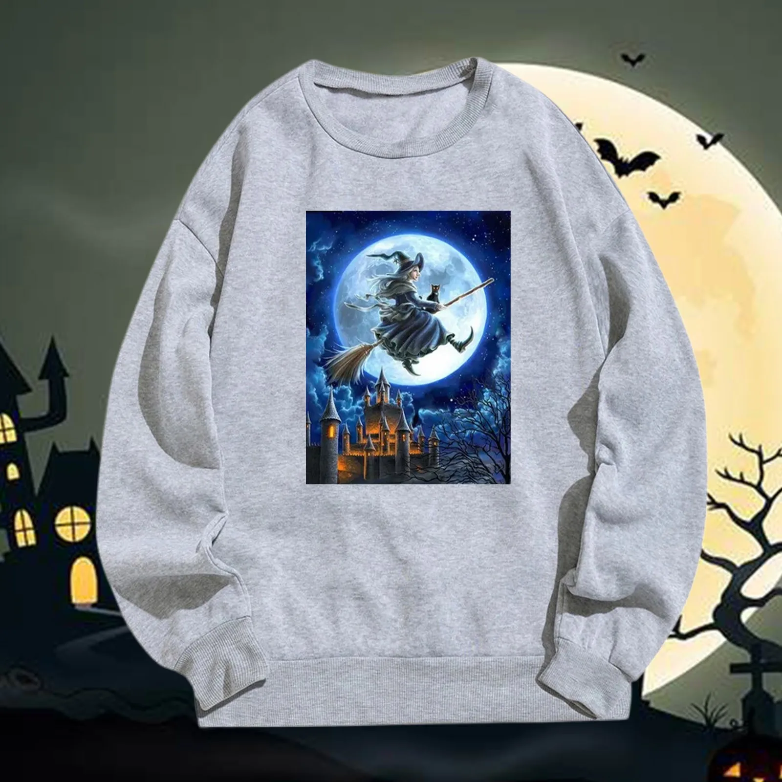 2024 Nowa damska bluza z kapturem na Halloween z nadrukiem czarownicy Okrągły dekolt Długi rękaw Casual Pullover Trend Moda Wygodna ciepła bluza z kapturem