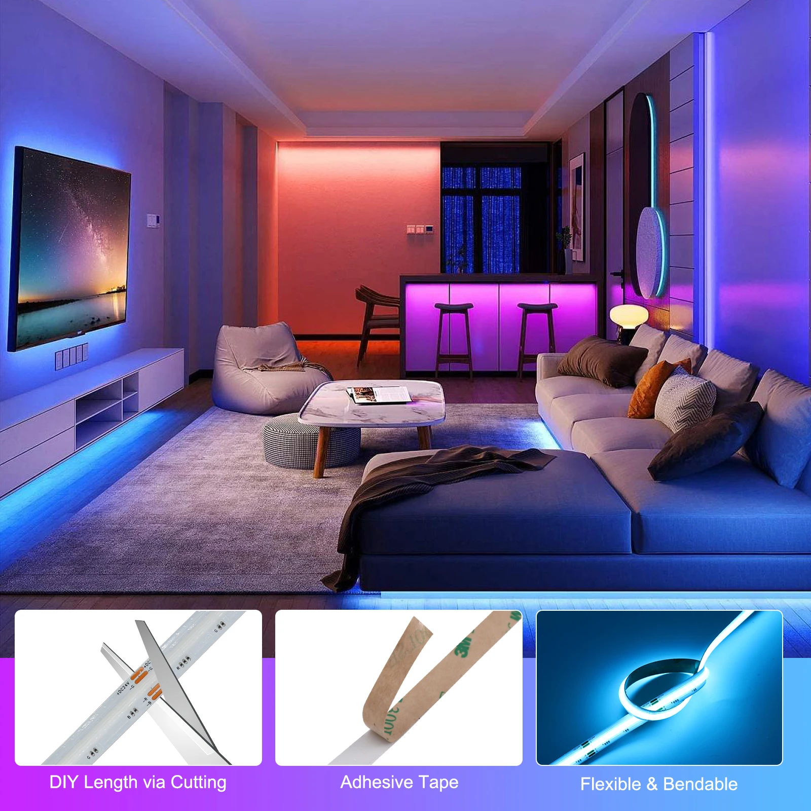 Imagem -03 - High Density Dotless Led Strip Light Fita Fita Fita Fita Luzes Bar para Iluminação Decoração Casa dc 12v 24v Rgbw Rgbw Cct Cob