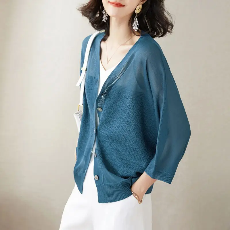 Women\'s Clothing Summer Fashion Elegant All Match Ice Silk Thin Knitted Cardigan Simple Solid V Neck 3/4 Sleeve Loose Chic Tops