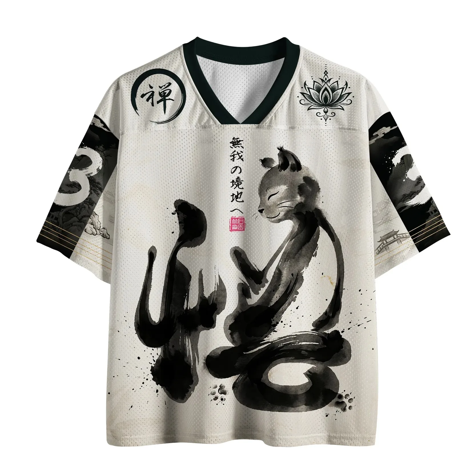 Trendy Serene Zen Meditating Cat Unisex Short Sleeve Tee Calligraphy Art Tee For Meditation Retreat Casual Street Daily Hangout