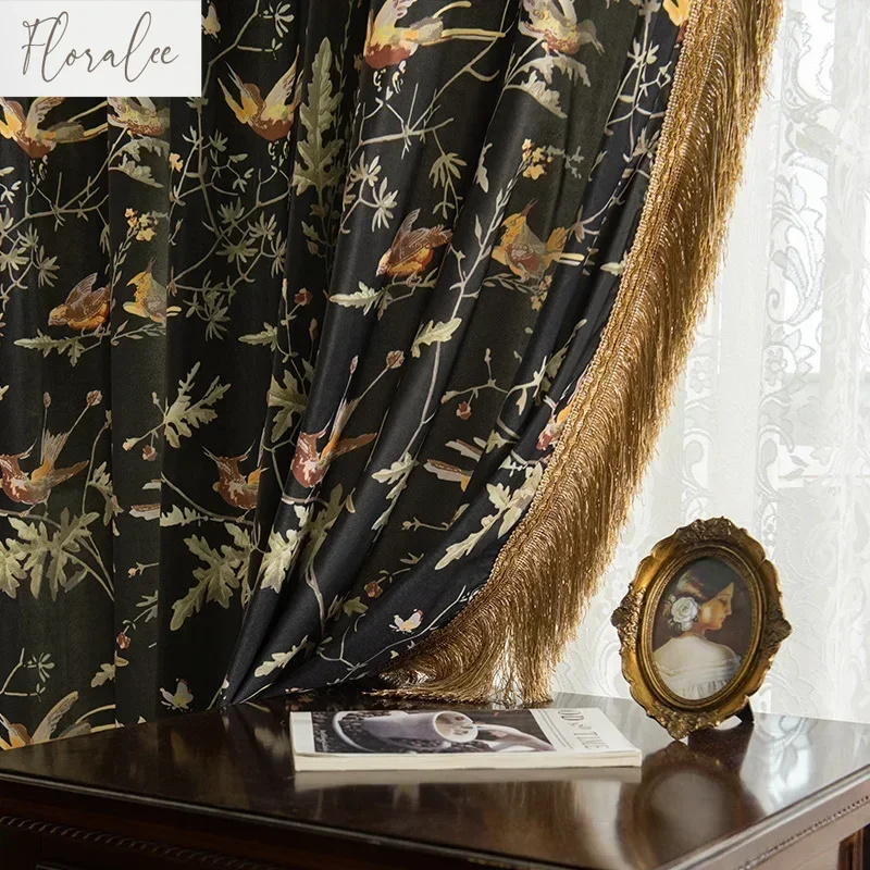 Custom New French Romantic Black Printed Curtains for Living Dining Room Bedroom Floating Window Decor Elegant Luxury Blackout