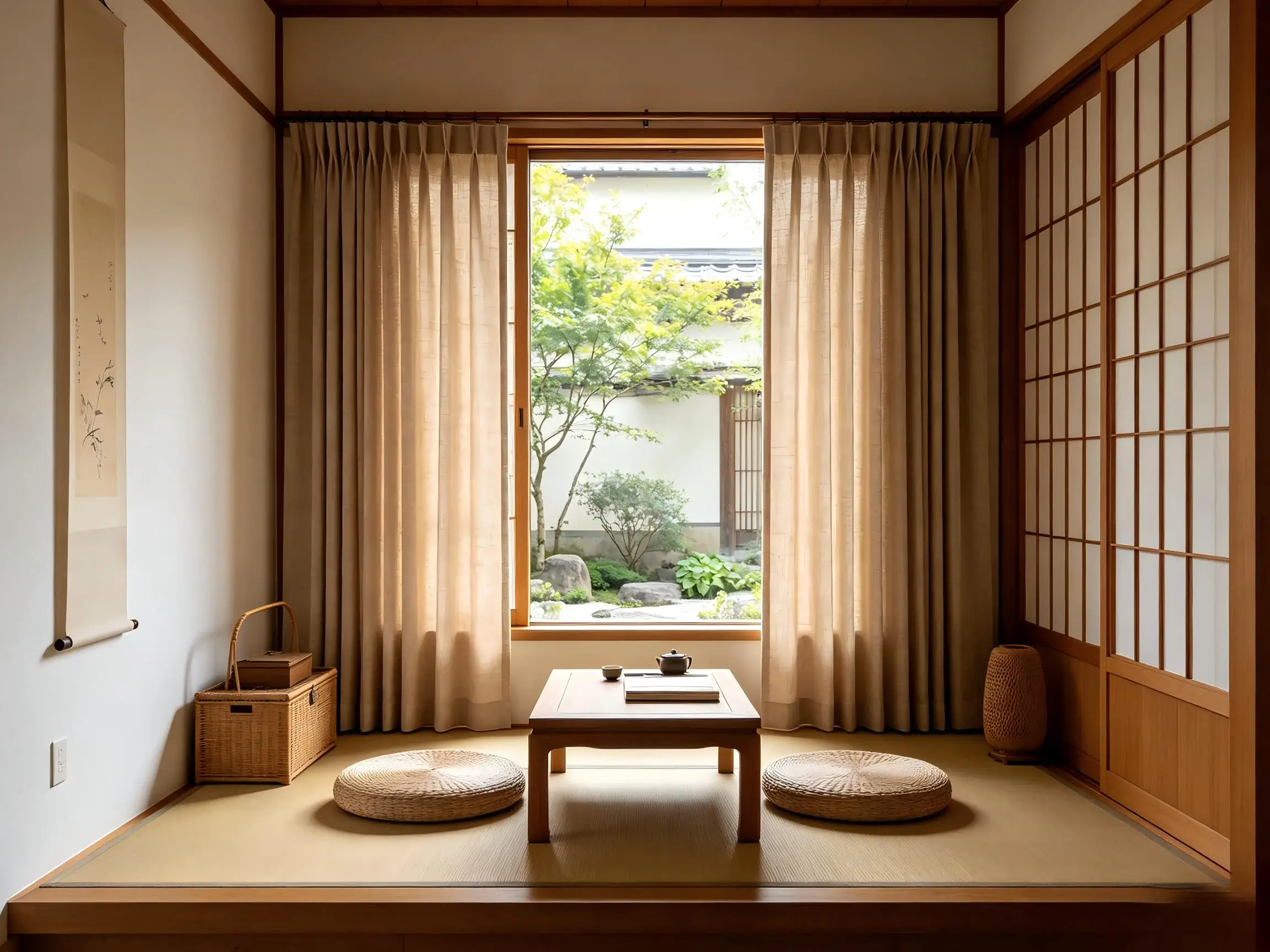 200165    Japanese Zen style study room, beige brown coarse linen flat pleated curtain
