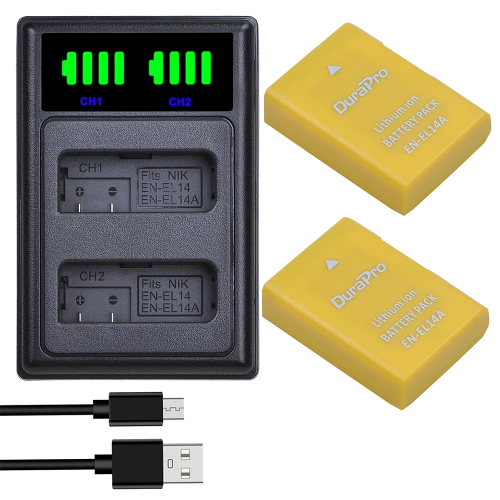 DuraPro 1530mAh EN-EL14 EN-EL14A Battery+LED Dual Charger For Nikon P7000 P7800 D3100 D3200 D3300 D3400 D3500 D5600 D5100 D5200