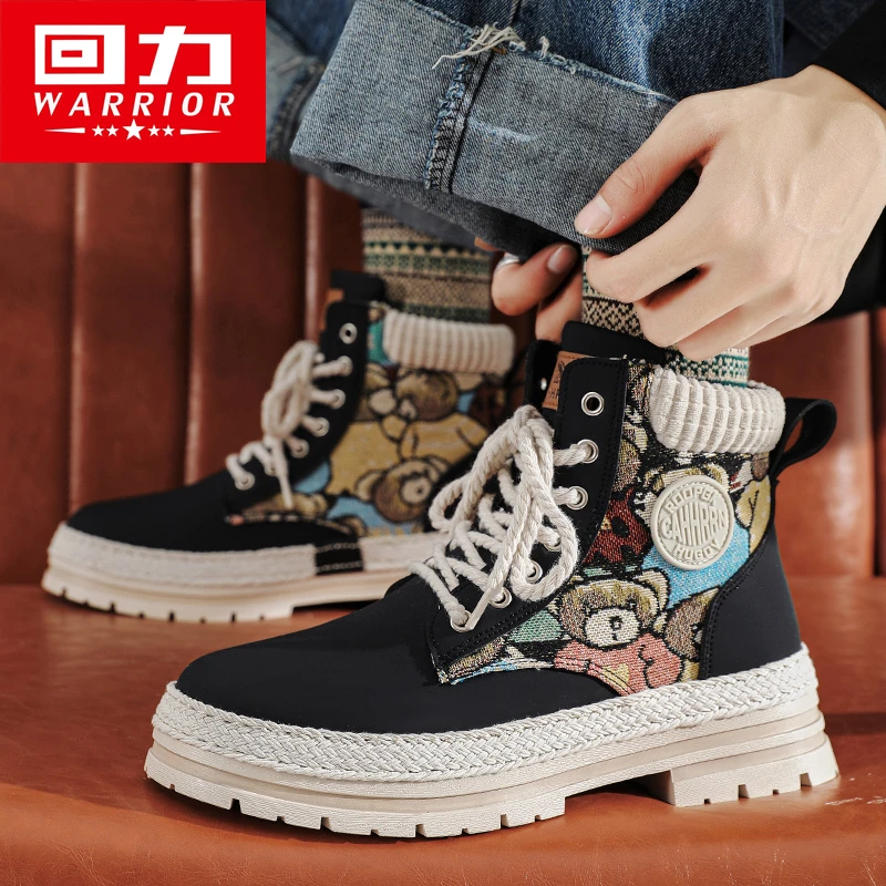 Warrior Winter Boots Men Shoes 2024 Hiking Retro Design Outdoor Man Casual Shoes Men\'s High Tops Hiking Print Sneakers