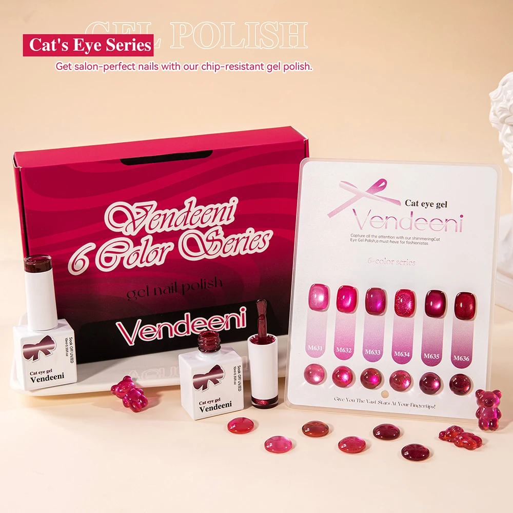 Vendeeni 6 Couleurs/Set Vernis à Ongles Gel Magnétique Effet Œil de Chat Cristal Rubis Rouge Pur Perlé avec Carte de Couleurs