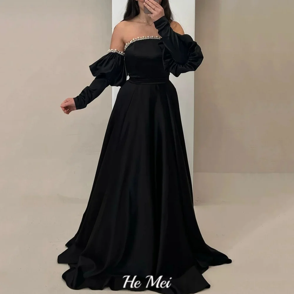 

Customized Strapless Prom Dress A Line Black Elegant Vintage Party Gowns Off Shoulder Pearl Evening Dress فساتين سهرة