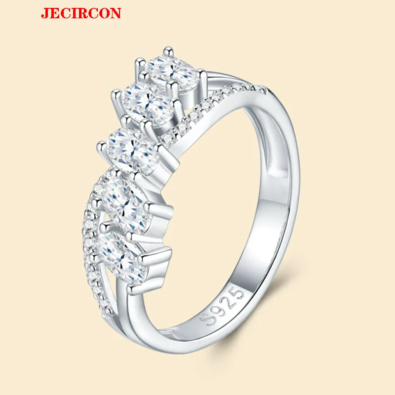 

JECIRCON Full Moissanite Ring S925 Sterling Silver Setting Oval Moissanite Stones Paved Side Crystals Engagement Party Jewelry