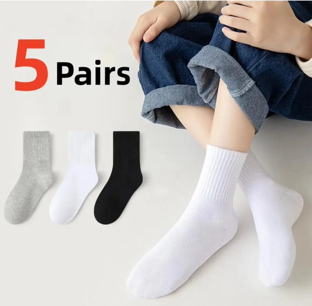 

5 Pairs Pure Cotton Soft Student Socks Breathable Absorbing Sweat Sport Socks Boys Girls Middle Tube Sock For 3-13 Year