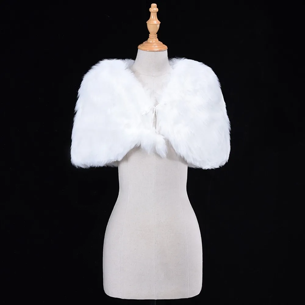 White Ivory Women Bridal Wrap Bolero Faux Fur Lace Crystal Autumn Winter Dress Shawl Jacket Cape Stole Cloak Wedding Accessories image 4