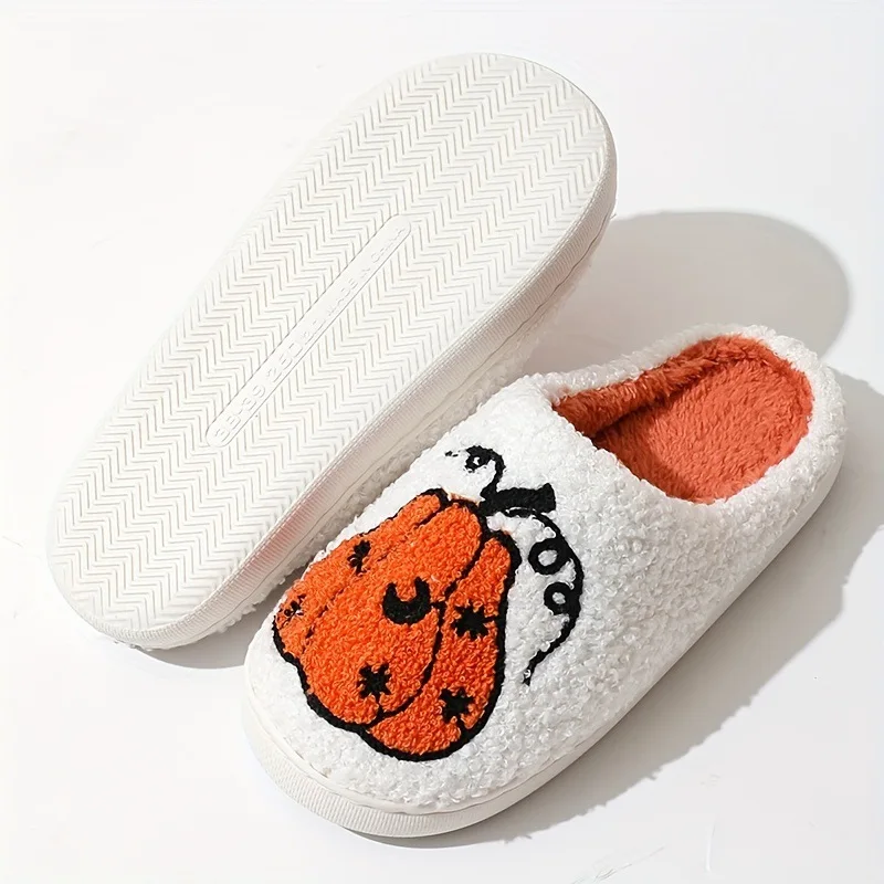 Winter Fluffy Slippers Women Home Funny Halloween Pumpkin Designer Shoes Ladies Fuzzy Fur Indoor Trend Plush Footwear Soft Sole