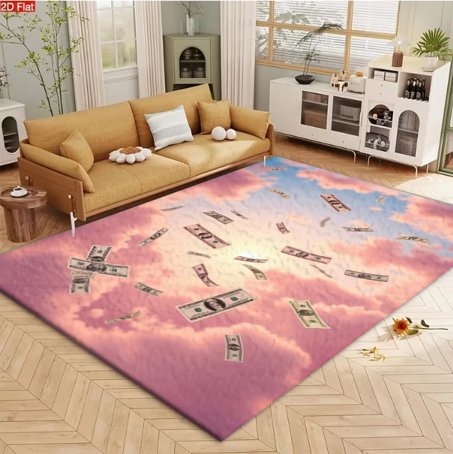 Falling US Dollar Bills Pink Cloud Sky Background carpet flooring, Creative Wealth Money Art Print Area Rug for Living Room Bedroom Home Decoration