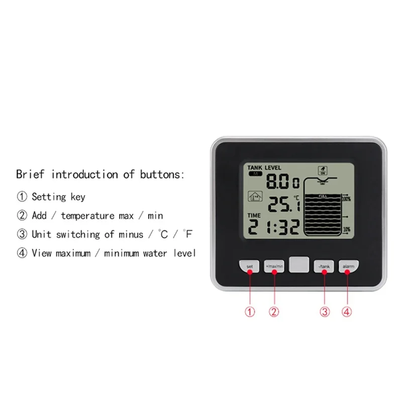 

-PQWN Ultrasonic Wireless Water Tank Liquid Level Meter With Temperature Sensor Level Monitor Time Display Low Battery Alarm Dur
