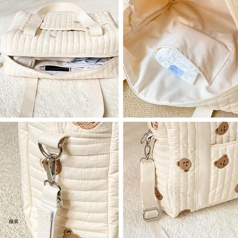 D0UD Cotton Baby Diaper Bag with Embroidery Bear Rabbit Pattern