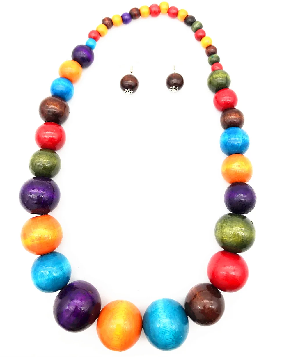 Ethic Style Wood Bead Necklace Earring Set Statement Jewelry Set Costume Colorful Beaded Necklace For Women