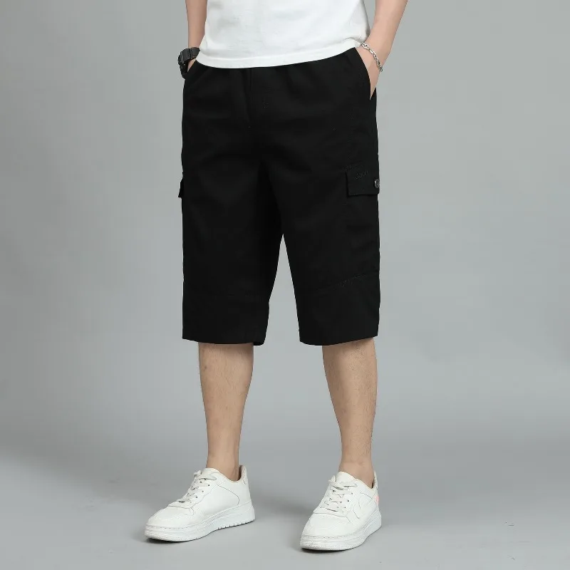 Summer Men's Solid Pockets with Elastic Button Zipper High Waisted Casual Sportswear Loose Trousers Preppy Style Formal Shorts