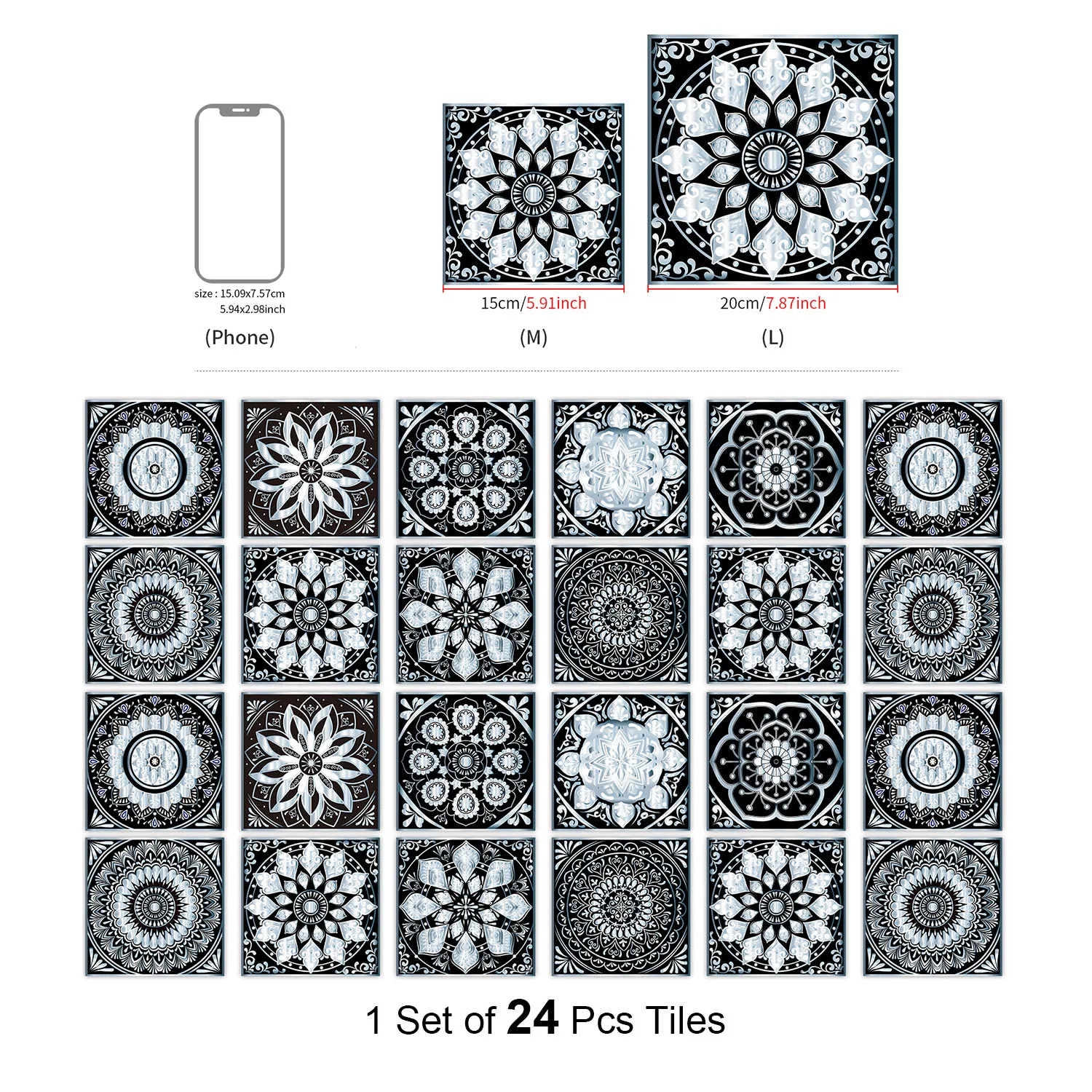 Mandala Floral Peel and Stick Tile Stickers Waterproof Oilproof Self Adhesive Moroccan Backsplash Wall Tiles Removable Boho Pattern Wall 24PCS Decals for Kitchen Bathroom Sink Cabinets Rent Friendly Easy DIY Home Decor No Residue