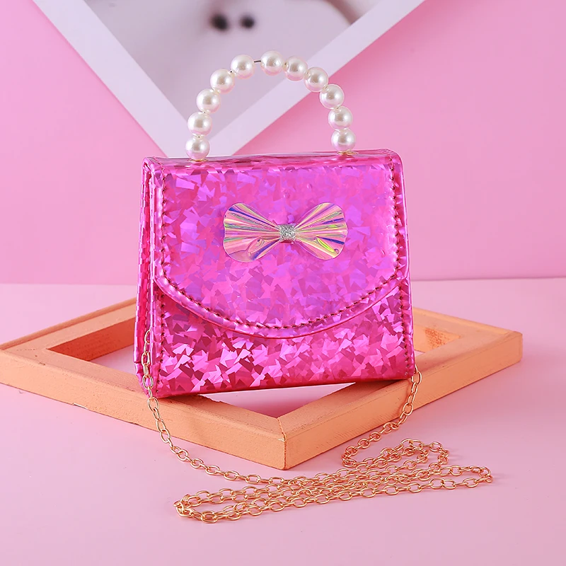 Mini bolsas com arco laser bonito para meninas, sacos crossbody para crianças, bolsa de moedas, caixa, Kawaii, carteira da criança, sacos de mão, novo, 2024