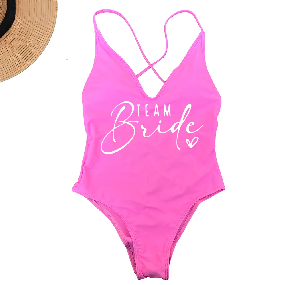 Pink Gold Print One Piece Swimsuit Team Bride Love Sexy Bathing Suit Padded Swimwear Women Bikini Bachelor Party Swim Beachwear image 5