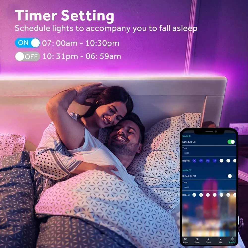 100ft 5050 Led Strip Lights RGB Music Sync Color Changing Bluetooth Smart Control Remote Flexible Tape Led Ribbon Room Lighting