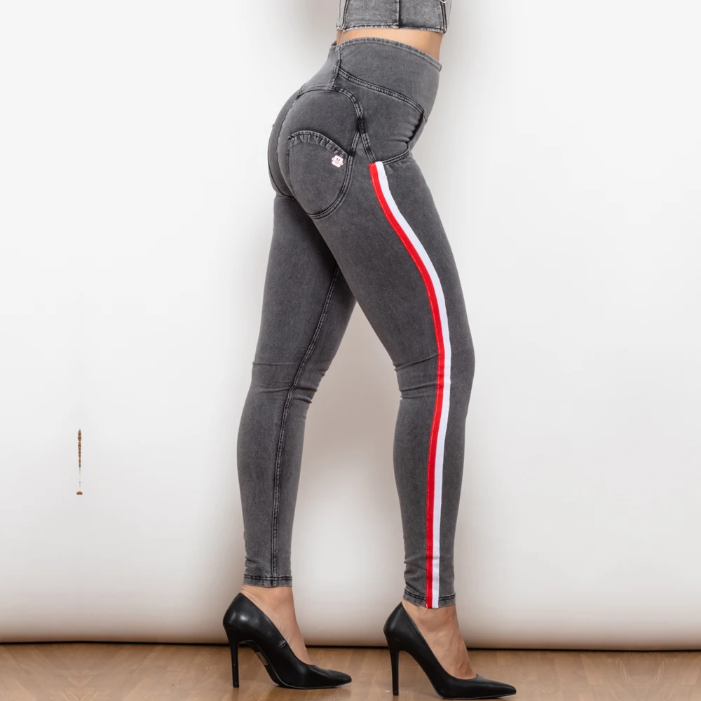 Shascullfites Melody High Waist Dark Thread Grey Jeans with Stripe Jeans Bum Lift Pants Shaping Jeggings Women Pants