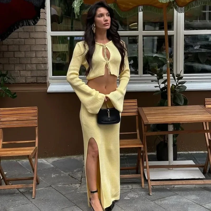 

Talenza Knitted Solid Skirt Set Women's Lace Up Hollow Flared Sleeves Cardigan Top Slit Skirt Set Lady Holiday Casual Dress Sets