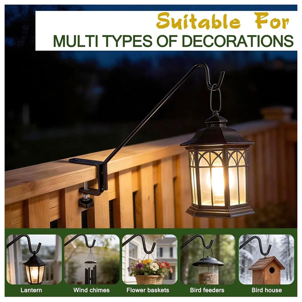 Deck Railing Plant Hanger 2 PCS, Deck Hooks for Railing Heavy Duty Solid Iron Shepherds Hook, for Deck Railing