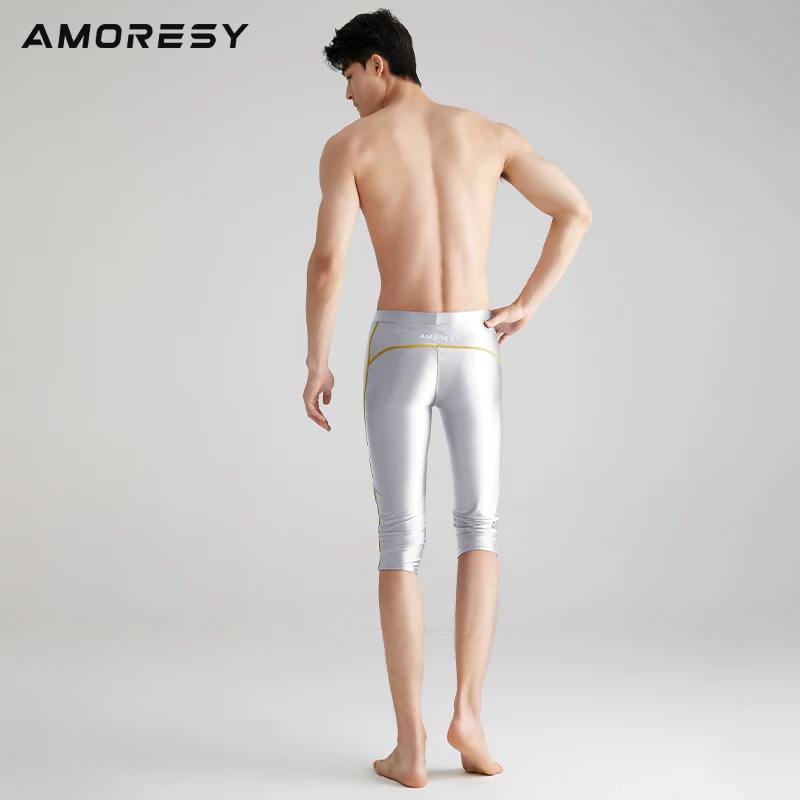 AMORESY Men\'s Shiny Gloosy Fitness Capris Breathable Running Yoga Satin Compression Leggings Sport Tights Sportswear Swim Pants