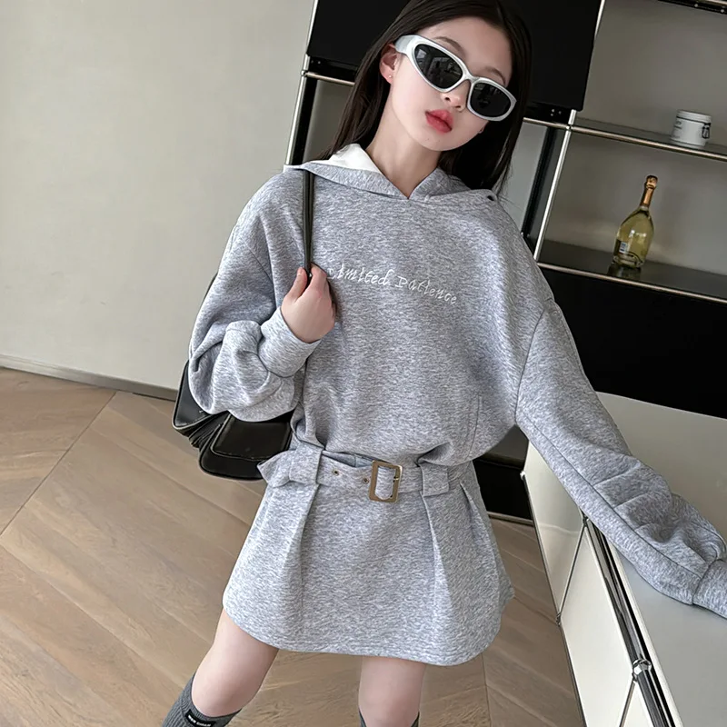 Girls\' Set 2024 Spring New Korean Edition Casual Embroidered Hoodie Short Skirt Set