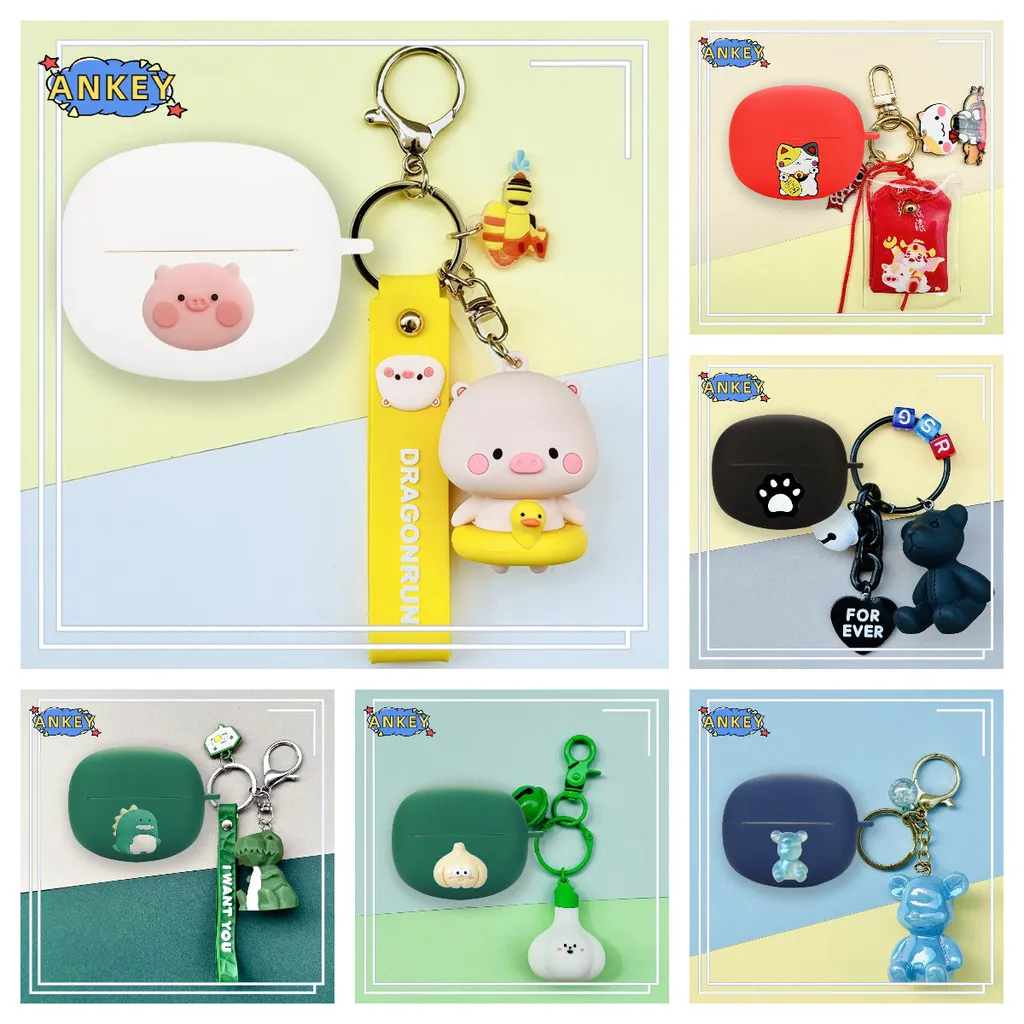 Compatible with Baseus Bowie MC2 Air Bluetooth Earphones Silicone Protective Case with Cute Geometric Animal Keychain