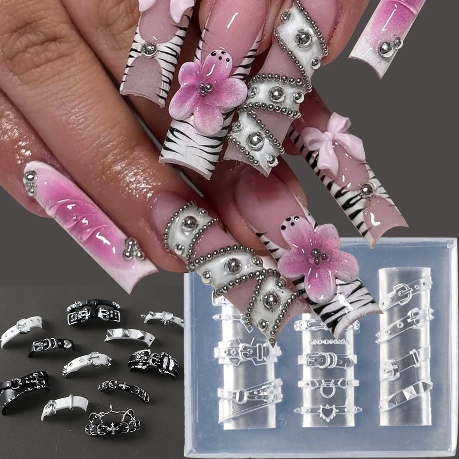 1 Stück Punk-Stil Gürtel Silikon-Nagelform Y2K Gürtelschnalle Punk-Nieten 3D Gel-Stempelvorlage Schablone Dekorationen Maniküre-Werkzeuge