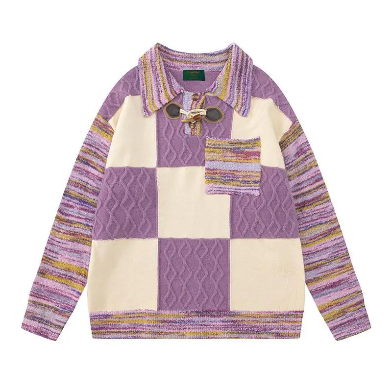 YYAHAHAS 레트로 패치워크 배색 체크 스웨터 (2025년 가을 여성용) 일본 레이지 스타일 니트 풀오버