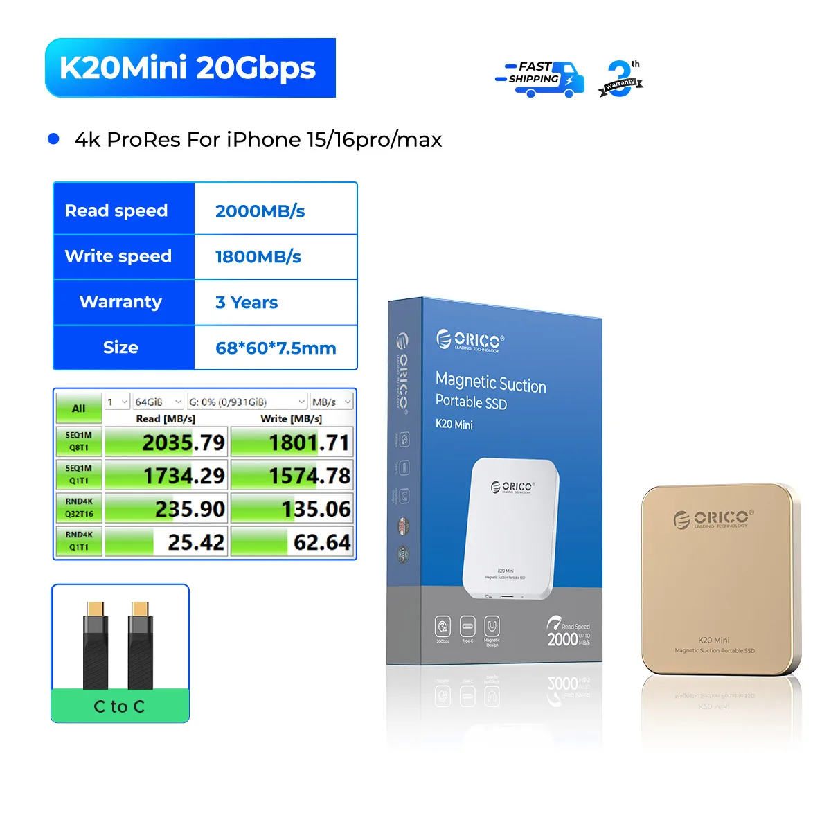 ORICO SSD Esterno Magnetico 512GB – Fino A 2000 MB/s, 4K ProRes HDR, Compatibile Con IPhone 15/16 E Dispositivi USB-C, Mini E Leggero