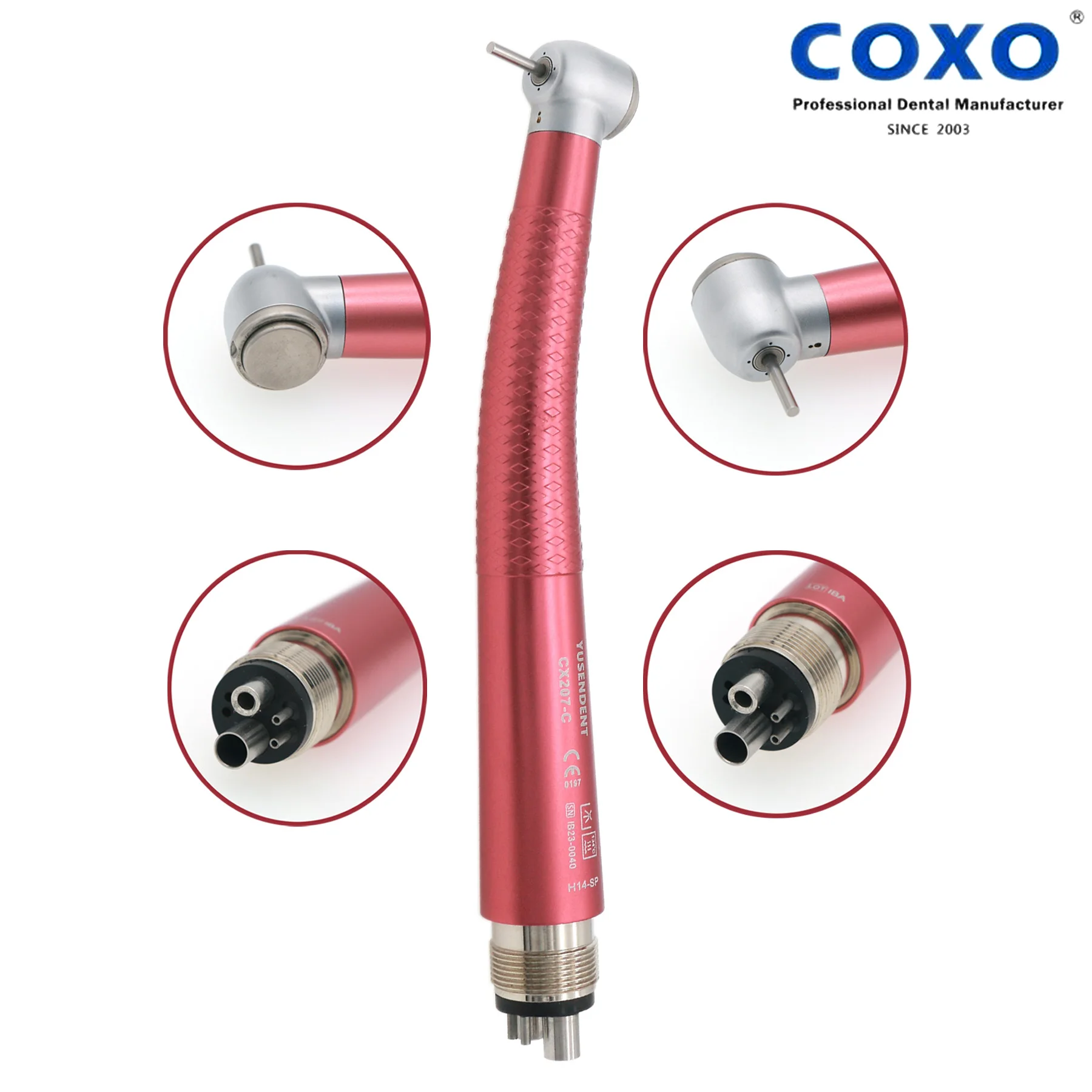 

COXO YUSENDENT Dental Push Button High Speed 4 Holes Handpiece Air Turbine colorful-Red Standard Head