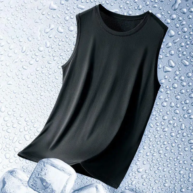 Men's Summer Ice Silk Sports Vest Thin Loose Sleeveless T-Shirt Mesh Outerwear Shoulder Pad Shirt Breathable Moisture Wicking