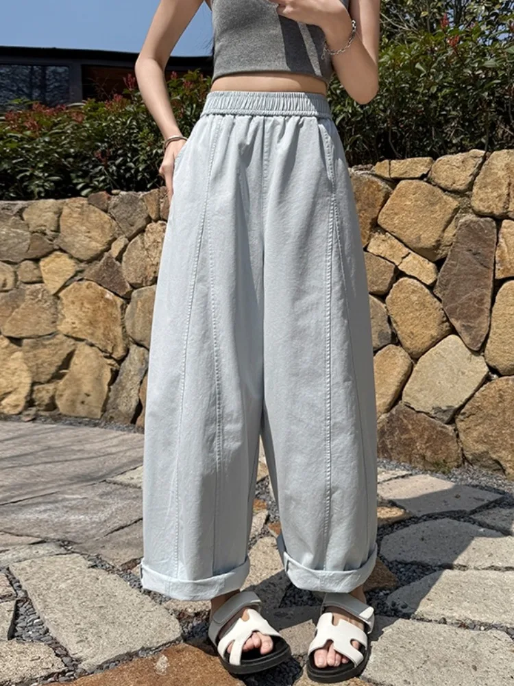 

Корейские женские летние брюки-харланы с высокой талией, широкими штанинами, из стираного хлопка, свободного кроя, длиной 7/8, повседневные, с эффектом драпировки