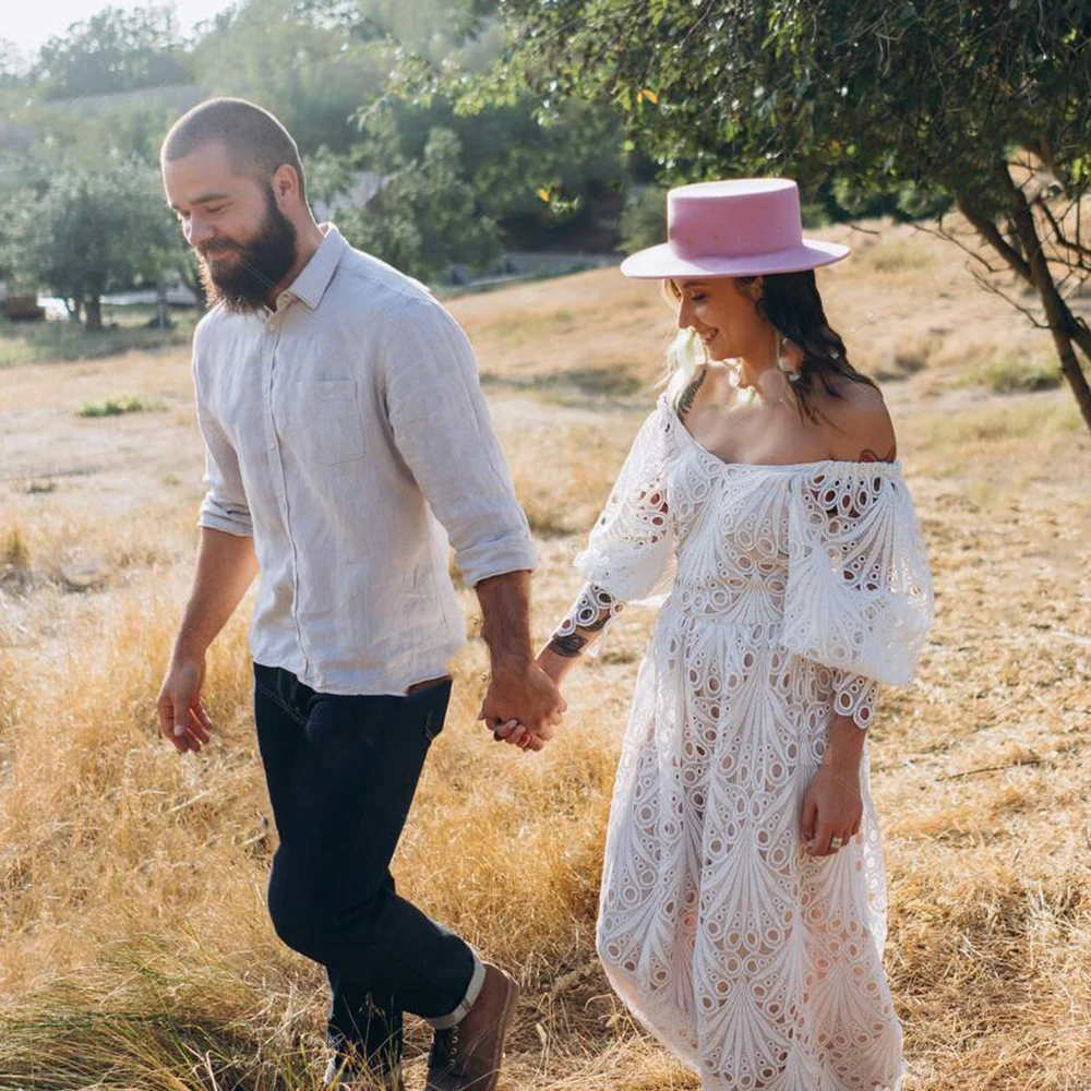 Long Puff Sleeves Elastic Off Shoulder Boho Cutout Lace Wedding Dress Customized Build-In Bras A Line Backless Bridal Gowns