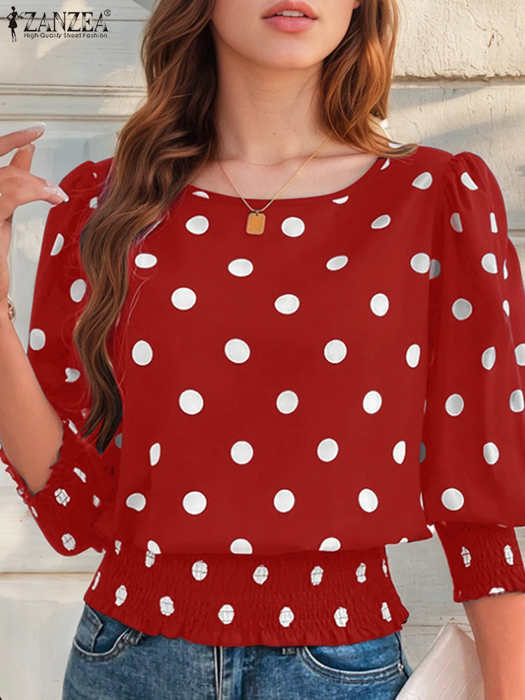

ZANZEA 2025 Summer Shirred-Cuffs 3/4 Sleeve Blusas Mujer Smocking Streetwear Polka Dot Woman Blouses Fashion O-Neck Tunic Tops