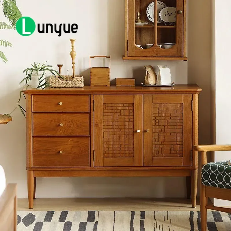 Retro Old Teak Solid Wood Side Cabinet Medieval Style Dining Room Storage Locker Living Room Entrance Console Table with