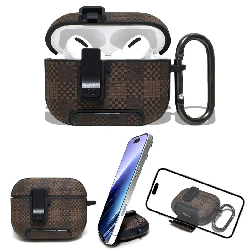 Plaid PU Leather Case For AirPods 5 4 Pro 3 Pro 2nd Shockproof Cover Earphones Case Accessories Switch Lock with Phone Holder