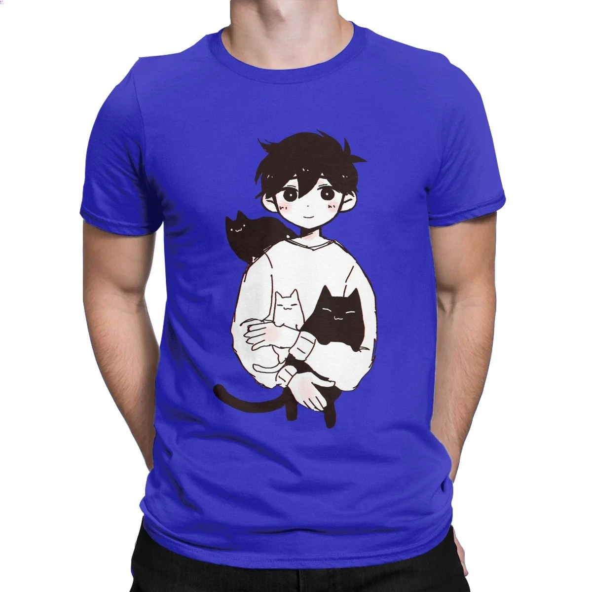 Omori Sunny And Mewo Cat Men T Shirt Cartoon Anime Game Funny Tees Short Sleeve Round Neck T-Shirts Cotton Graphic Tops Informal