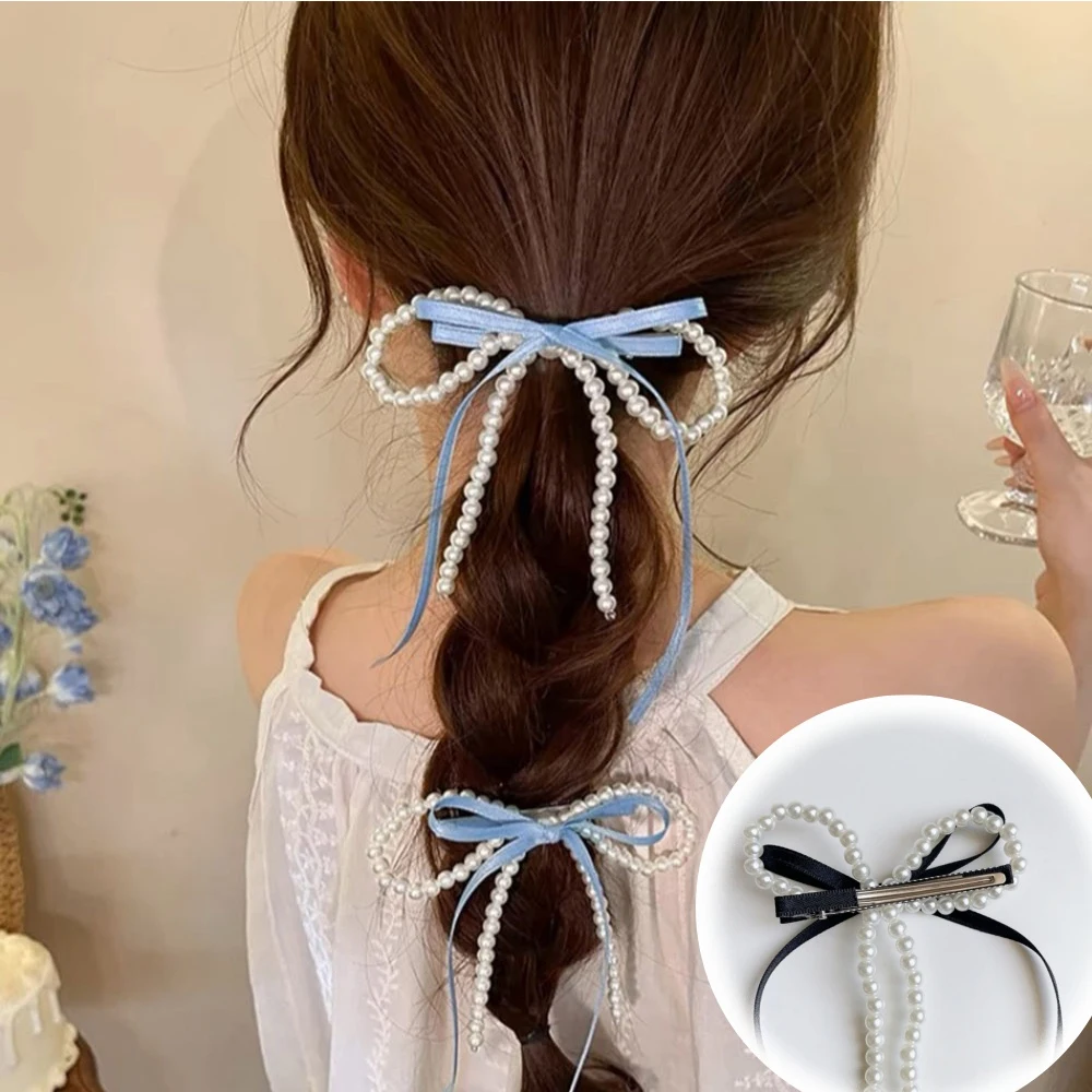 

Y2k Beaded Pearls Ribbon Hairpins Double-layer Bows Tassel Barrettes Sweet Girls Side Clip Duckbill Clip DIY Hair Accessories