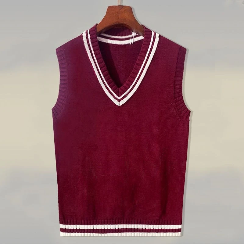 Men's V Neck Knitted Sweater Vest Pure Cotton Preppy Style Slim Fit Pullover Waistcoat Teen Casual Outfit