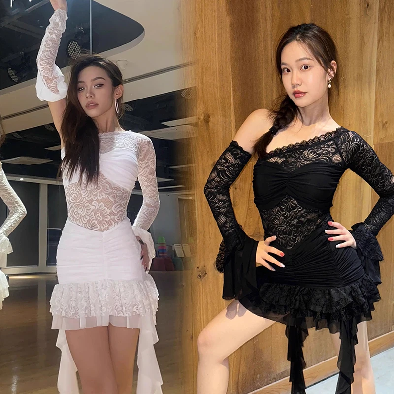 

Lace Slanted Shoulder Dress Latin Dance Performance Dress Women Practice Clothes Female Samba Chacha Latin Dance Wear DN20334