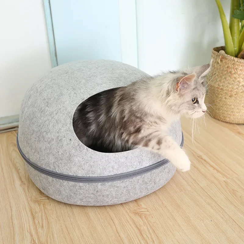 Cats bed artificial felt house for cats sleeping bag with nest pillow eggshell removable breathable half closed pet cave