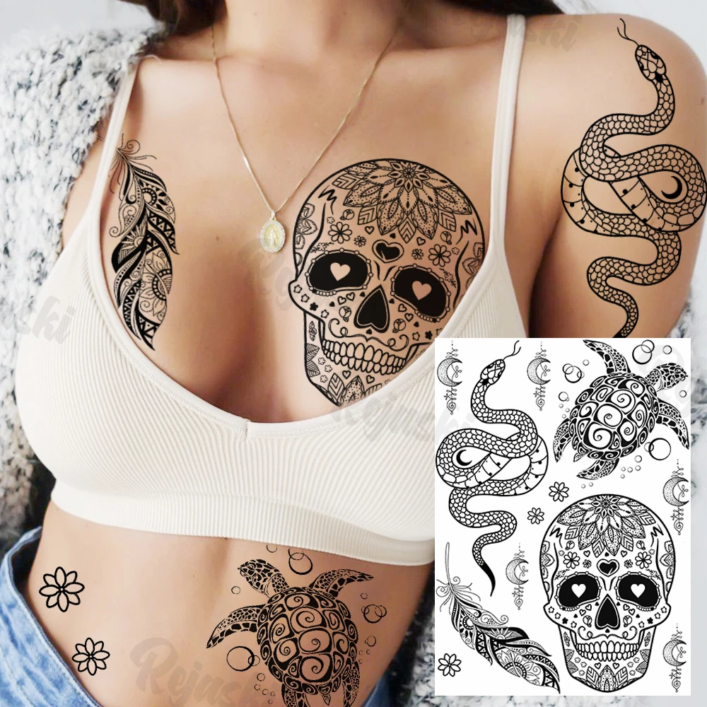 Lotus Henna Mandala Chest Temporary Tattoos For Women Underboob Adult Butterfly Turtle Lion Fake Tattoo Sexy Waterproof Tatoos